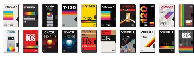 VHS Casette Vector Graphics and Collection of Video Covers. Abstract Blank Tape Boxes. Ready templates for stickers, flyers, posters. Movies from 80s and 90's. Synthwave vibes. Retro technology.