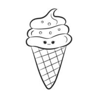 Kawaii ice cream waffle cone isolated on white background. Ice cream with happy cute face in doodle style. Coloring book. Vector Illustration