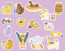cute sticker cat in different poses isolated on pink background vector