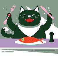 Cute cat eating fish illustration vector