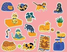 Draw collection stickers funny cats doodle cartoon style vector