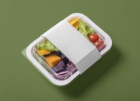 maqueta de caja de contenedor de comida para llevar con verduras y frutas, espacio de copia para su logotipo o diseño gráfico foto