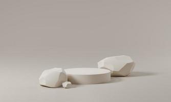 Abstract white round corner pedestal podium with stone, Product display podium in room, 3d rendering studio with geometric shapes, Cosmetic product minimal scene with platform, Stand to show products photo