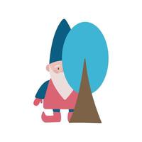 Christmas cartoon little gnome with a grey beard hiding behind a tree. Happy winter vector print. Santa Claus helper in a forest.