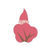 Christmas cartoon little gnome with a bid cap hiding behind a bush. Happy winter vector print. Santa Claus helper in a forest.