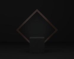 Realistic 3d jewelry showcase black podium, Abstract golden geometric podium with shapes, 3d rendering studio for cosmetic product minimal scene with platform photo