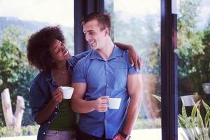 romantic happy young couple relax at modern home indoors photo