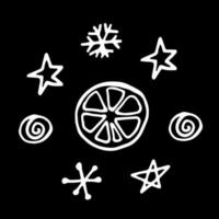 Simple vector winter Christmas doodle style illustration. Illustration drawn by hands in the style of line art in white on a black background. Creation of design for New Year, winter, Christmas