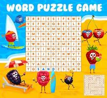 Word search puzzle with berry characters on beach