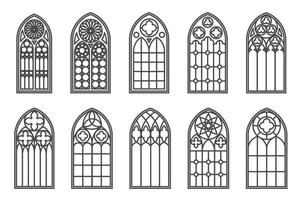 Church medieval windows set. Old gothic style architecture elements. Vector outline illustration on white background.