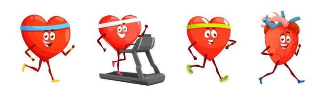 Cartoon running heart characters, sport and health vector
