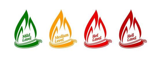 Spicy level labels, flames and hot chili peppers vector