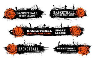 pancartas grunge de baloncesto con siluetas de jugadores vector