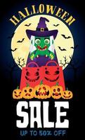 Halloween sale 50 percent discount poster with funny witch, pumpkins and packages vector