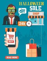 Halloween sale. Online shopping concept design flat with sales zombie consultation vector