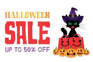 Halloween sale 50 percent discount poster with cat, pumpkins and packages vector