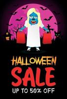cartel de venta de halloween 50 por ciento de descuento, pancarta con chica zombie. diseño gráfico de venta de halloween vector