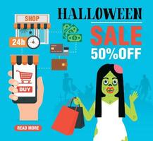 diseño de concepto de venta de halloween plano con una chica zombie en compras vector