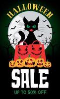 Halloween sale 50 percent discount poster with funny cat, pumpkins and packages vector