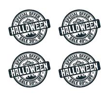 Halloween sale black grunge stamp set. Special offer sale 30, 40, 50, 60 percent off vector