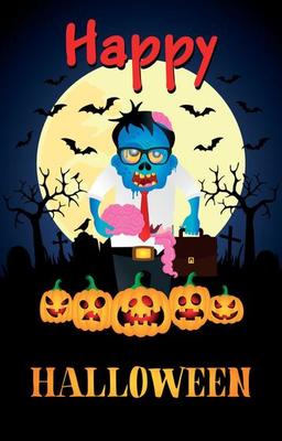 Happy Halloween poster with zombie office worker. Halloween greeting card