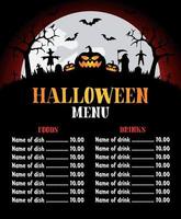 Halloween menu foods and drinks card design template vector