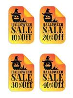 Halloween sale orange stickers set. Pumpkin with witches hat. Halloween sale 10, 20, 30, 40 percent off vector