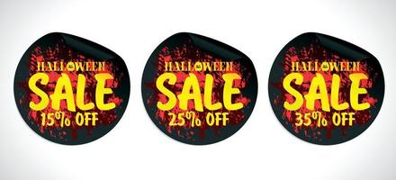 Halloween sale black stickers set. Grunge design concept style. Sale 15, 25, 35 percent off vector
