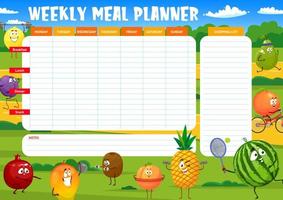 frutas de dibujos animados en el horario del planificador de comidas de fitness vector