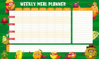 Weekly meal planner schedule, fruit superhero vector