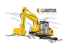 Vector illustration of hand drawn big excavator digging the ground in the mountains