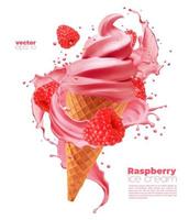 Isolated raspberry soft ice cream cone with splash vector