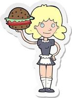 sticker of a cartoon waitress with burger vector