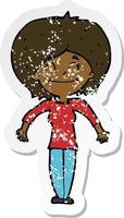 retro distressed sticker of a cartoon woman shrugging shoulders vector