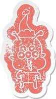 happy cartoon distressed sticker of a alien wearing santa hat vector