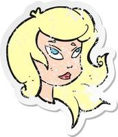 retro distressed sticker of a cartoon female face vector