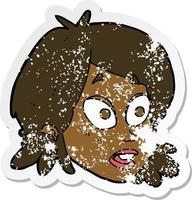 retro distressed sticker of a cartoon female face with surprised expression vector