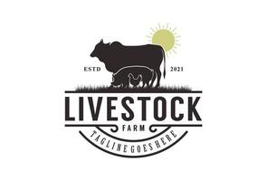 Retro Vintage Livestock logo design. Cow, pig and chicken vector illustration