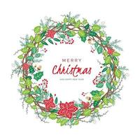 Christmas wreath with berries, leaves, pine branches and fir cones. Round frame for winter design vector