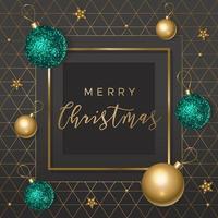 Merry Christmas card with shiny balls on black background with geometric pattern vector
