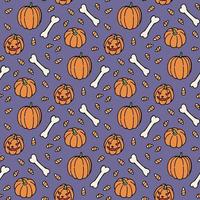 Seamless pattern with scary pumpkin, bones and candies on discreet violet background. Vector image.