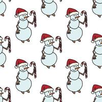 Seamless pattern with snowman with candy on white background. Vector image.