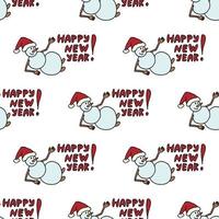 Seamless pattern with snowman with text Happy New Year on white background. Vector image.