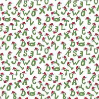 Seamless pattern with green letters in red christmas hats on white background. Vector image.