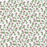 Seamless pattern with green letters in red christmas hats on white background. Vector image.