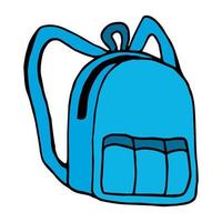 Cozy blue backpack on white background. Doodle style. Vector image.