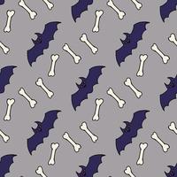 Seamless pattern with bat and bones on gray background. Vector image.
