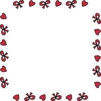 Square frame with red bow and hearts on white background. Vector image.