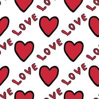 Seamless pattern with cute word Love and red hearts on white background. Vector image.