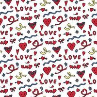 Seamless pattern with word love and red hearts on white background. Vector image.